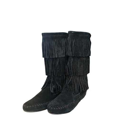 NWT Three Layer Suede Fringe Black Makalu Moccasin Indian Boots Comfort Women 7 - Picture 2 of 13